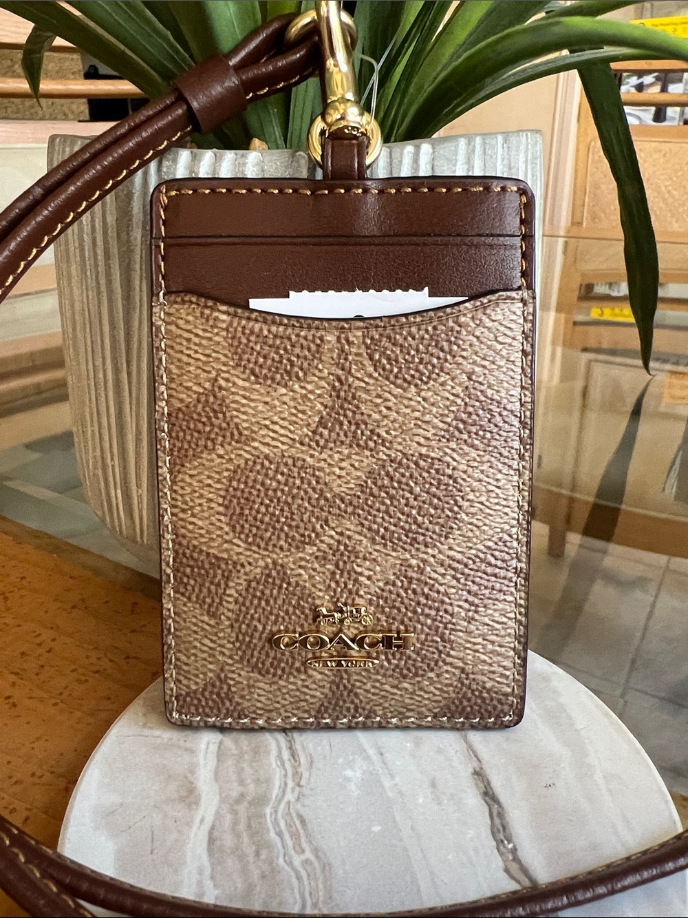 Coach Brown Signature Card Case with Gold Hardware
